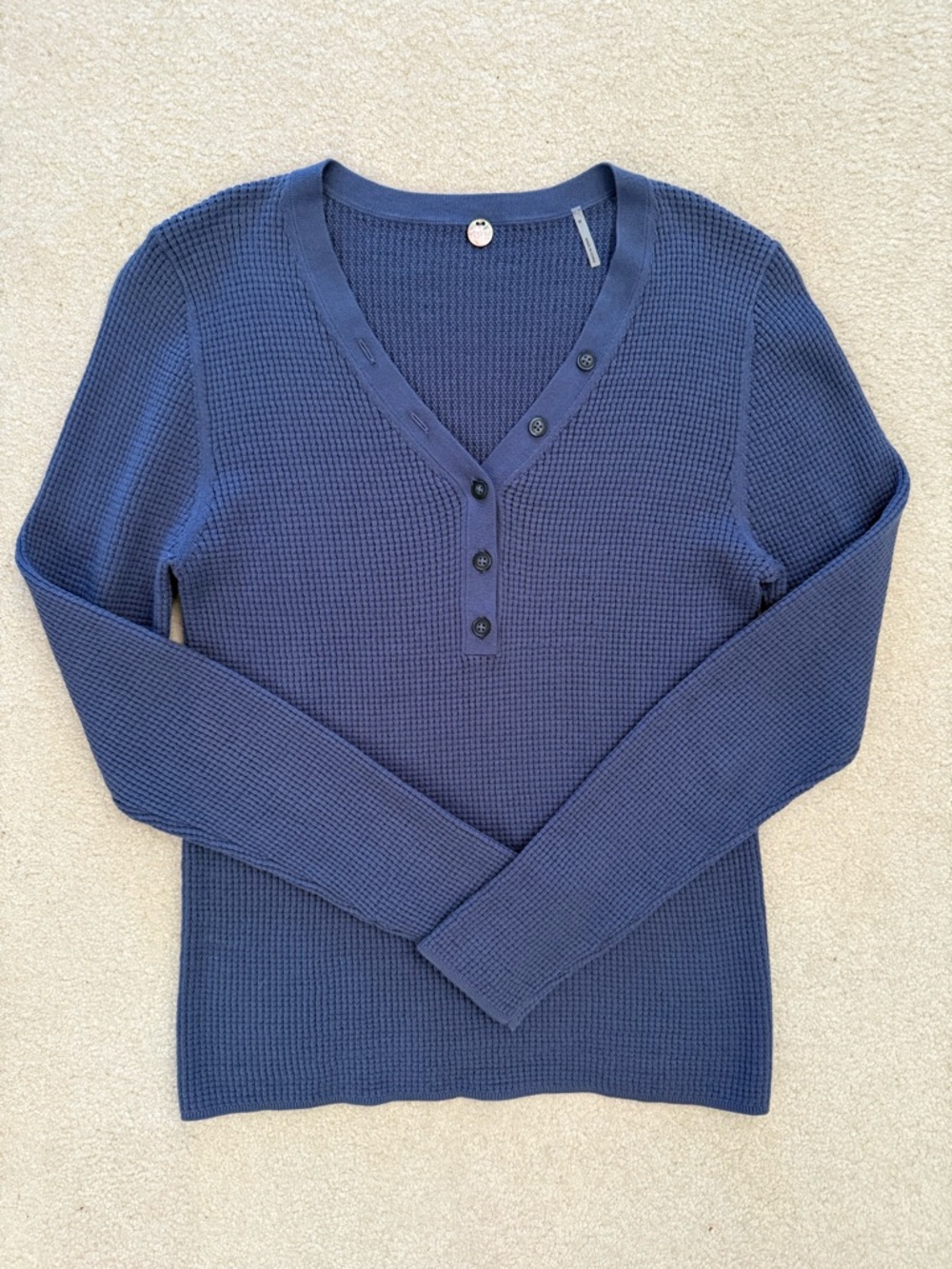 Margaret O'Leary Navy V-Neck Waffle Knit Cotton Sweater Button Size M